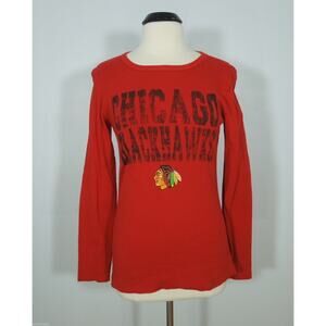 CHICAGO BLACKHAWKS Top L LARGE Womens Red Printed Long Sleeves